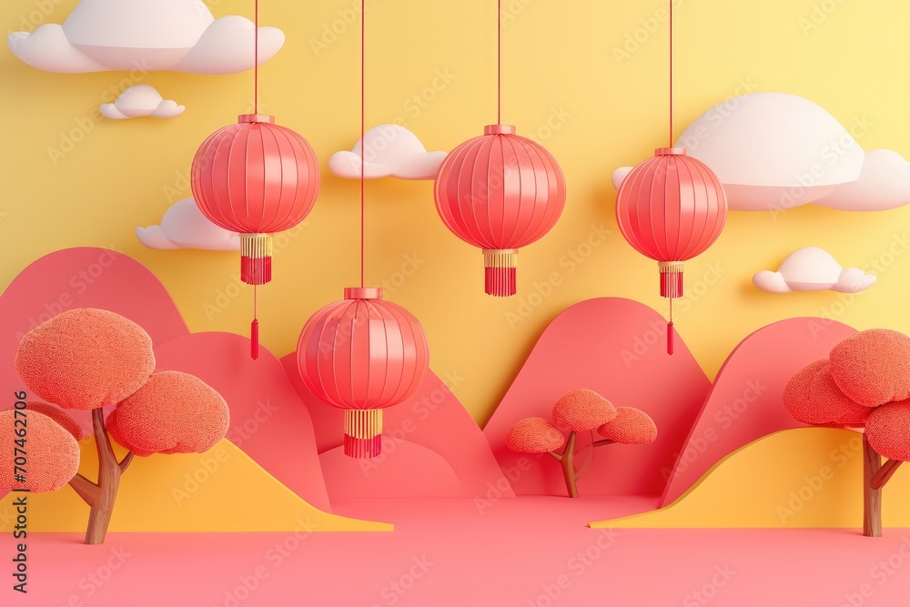 3d China new Year   upon golden color floating clouds with hanging lanterns background, Happy New Year