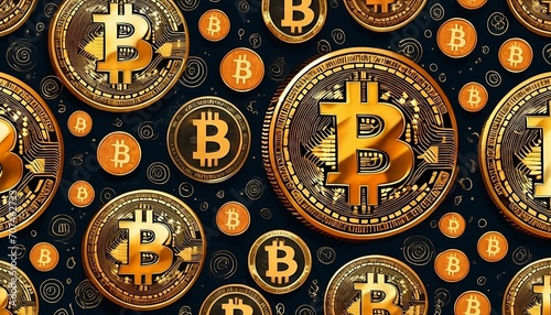 Bitcoin cryptocurrency icons, signs, coins vector seamless pattern background. Generative AI © Copper