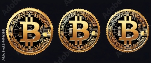 Cryptocurrency in cyberspace, isolated bitcoin realistic icon in different positions, front, side and back. 3d style of golden coins. Blockchain and investment financial assets and transactions vector © Copper