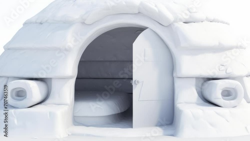 Igloo icehouse isolated on white background 3d render. Snowhouse or snowhut. Eskimo shelter built of ice. 3d render and snow png like style photo