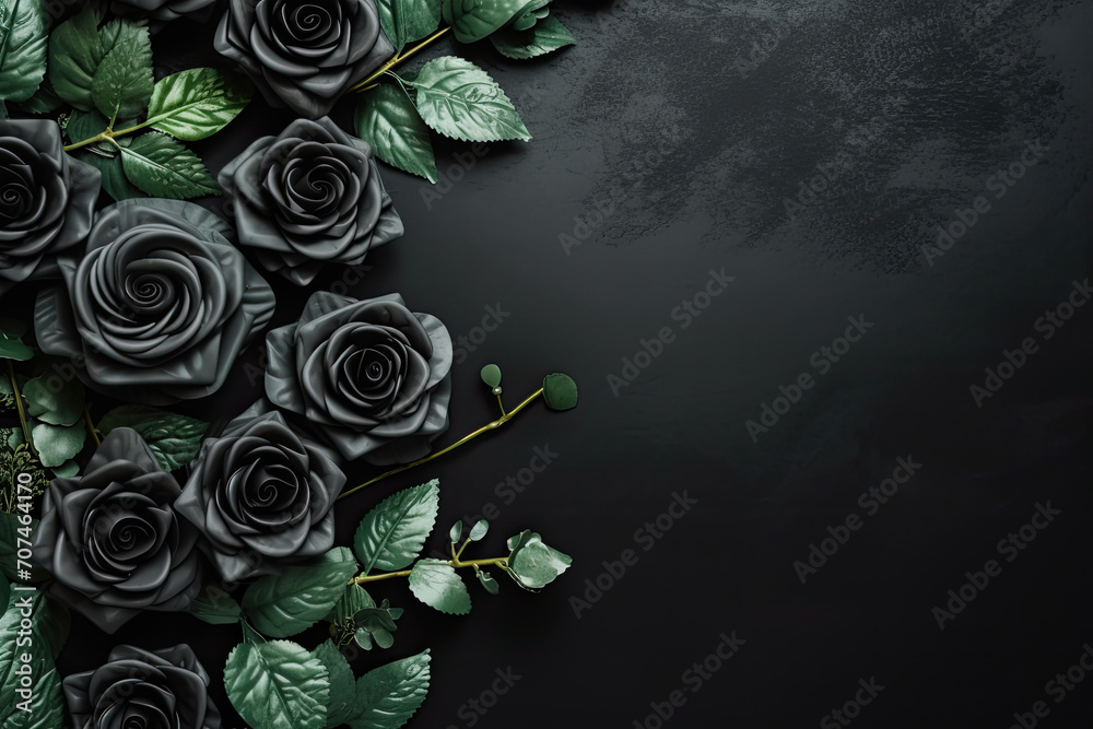 Top view of black roses with green leafs on dark textured surface. Dark flowers wallpaper or background with copy space for text. Generative AI. Top view of black roses with green leafs on dark textured surface. Dark flowers wallpaper or background with copy space for text. Generative AI.