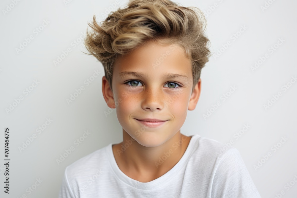 Portrait of a cute little boy with blond hair. Studio shot.