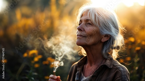 Senior woman takes a moment to unwind with a medicinal-blunt.