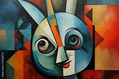 Rabbit on a background with playful geometry, in the style of precision painting, playful abstraction, spray painted realism, dotted, detailed painting, caninecore, lowbrow art, Generative Ai photo