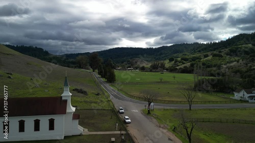 St Mary's Catholic Church Timelapse, Intense Clouds, Deer Grazing, Nicasio, Marin County, California, Drone Footage, Aerial Photography photo