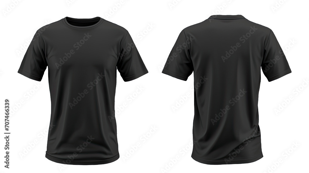 Plain black t-shirt front and back view for mockup in PNG transparent background. - obrazy, fototapety, plakaty 