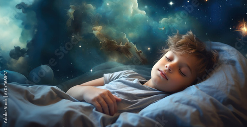 The boy is asleep in bed, surrounded by dreams and a cosmic backdrop photo