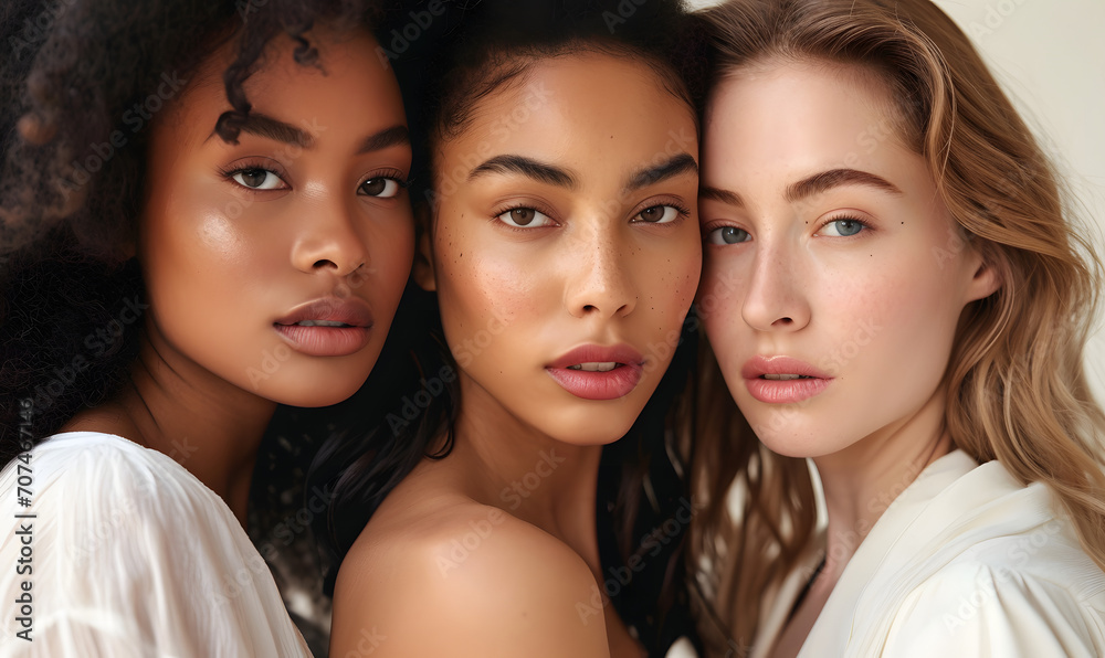 three beautiful female models standing next to each other at a fashion ad show, Generative AI three beautiful female models standing next to each other at a fashion ad show, Generative AI