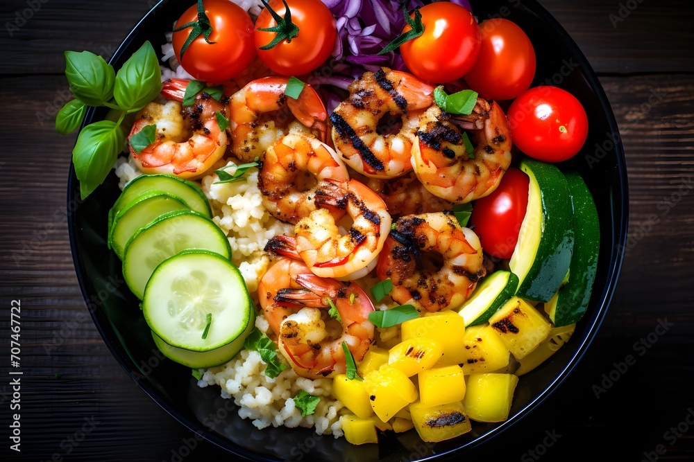 Cauliflower rice bowl with colorful vegetables and grilled shrimp