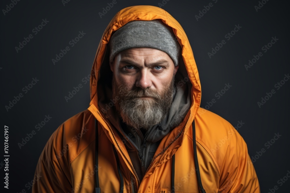 Portrait of a bearded man in a yellow raincoat and cap. Portrait of a bearded man in a yellow raincoat and cap.