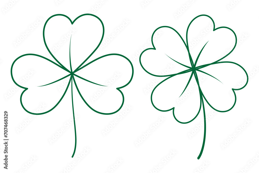 Two contour drawn tree leaf and four leaf clover in trendy green. Design for icon or various uses Two contour drawn tree leaf and four leaf clover in trendy green. Design for icon or various uses