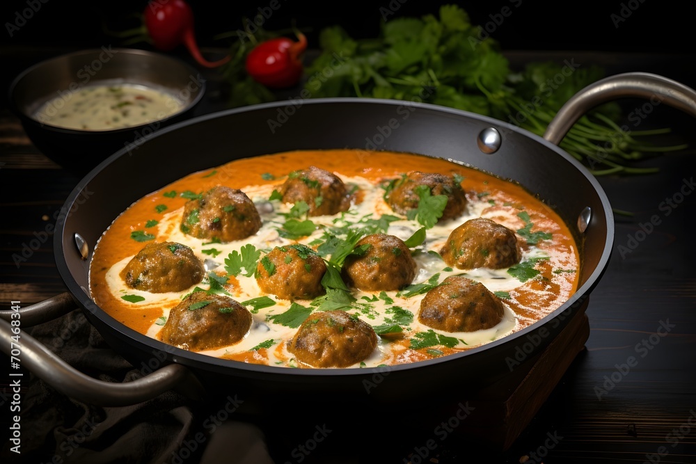 Exquisite malai kofta, velvety dumplings bathed in a creamy tomato-based curry