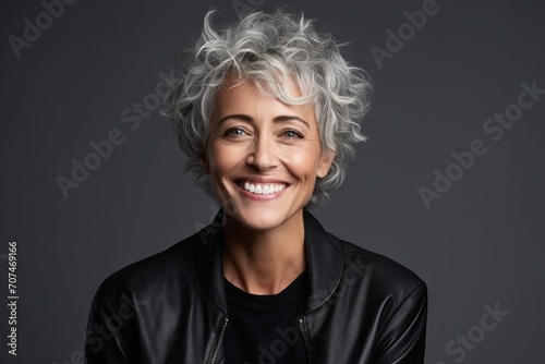 Portrait of a smiling mature woman in black leather jacket over grey background