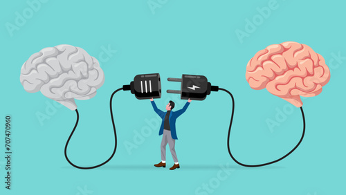 give education, Provide education for human, Obtain knowledge and skills, Mentor and intern, coach and trainee, man connect plug with stupid brain to smart brain concept vector illustration flat style