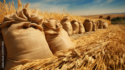 Abstract agrarian image with bags of grain in the agricultural sector in the farm photo