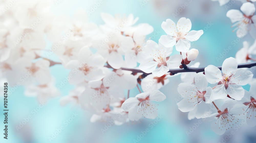 Branches of blossoming cherry macro with soft focus on gentle light blue sky background in sunlight with copy space. Beautiful floral image of spring nature panoramic view., generative ai Branches of blossoming cherry macro with soft focus on gentle light blue sky background in sunlight with copy space. Beautiful floral image of spring nature panoramic view., generative ai