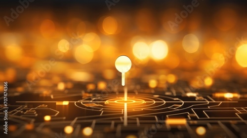 An abstract depiction of a digital location pin, lit up in a dazzling golden hue.