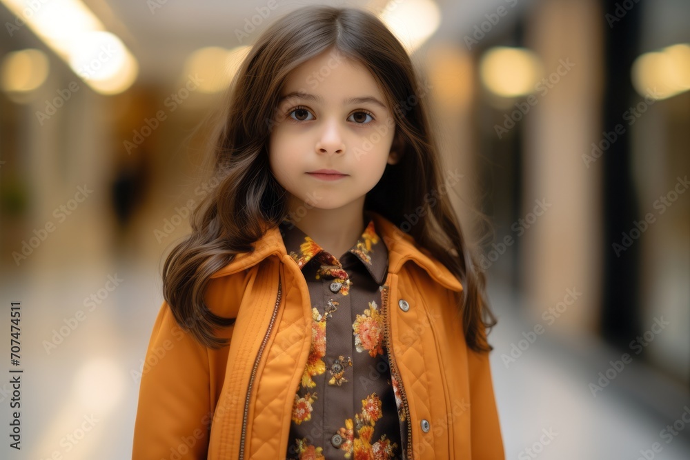 Portrait of a cute little girl in an orange coat in the shopping center.