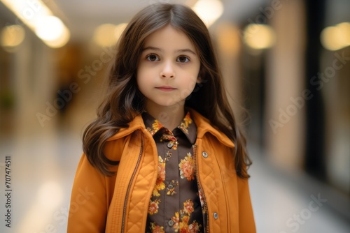 Portrait of a cute little girl in an orange coat in the shopping center.