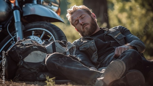 Man on Motorcycle Resting After Accident.