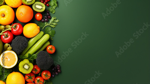 flat lay composition with fresh ripe vegetables and fruits on green background © Aura