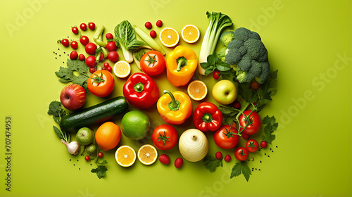 flat lay composition with fresh ripe vegetables and fruits