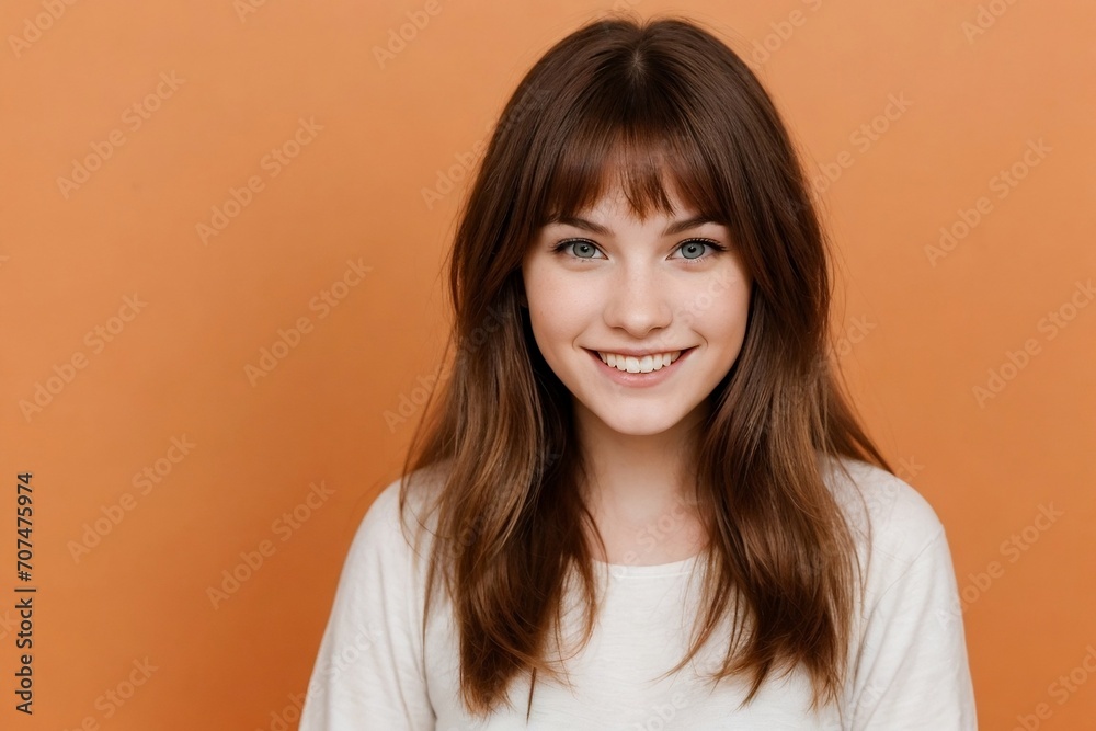 Portrait of a cheerful ginger woman standing against an orange background with copy space. Portrait of a cheerful ginger woman standing against an orange background with copy space.