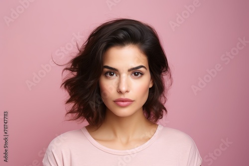 Portrait of a beautiful young brunette woman on a pink background