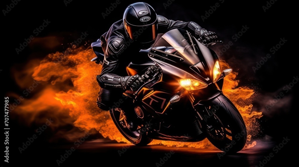 Motorcyclist in all black riding a motorcycle blazing with flames on a dark black background.