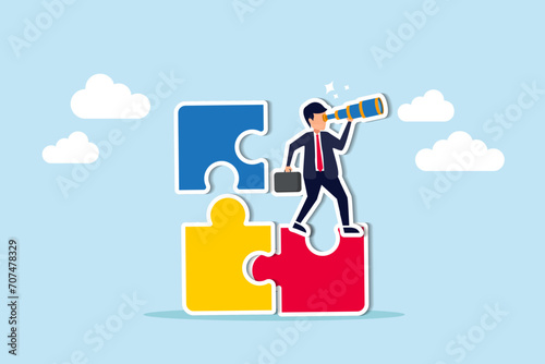 Finding solution or search for last missing piece to finish or complete work, leadership mission or business difficulty concept, businessman standing on uncompleted jigsaw looking for missing piece.