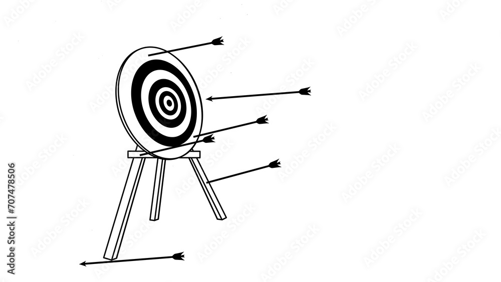 black and white illustration of arrows that stuck inaccurate on circle archery face target with three wooden legs. Isolated on white background black and white illustration of arrows that stuck inaccurate on circle archery face target with three wooden legs. Isolated on white background