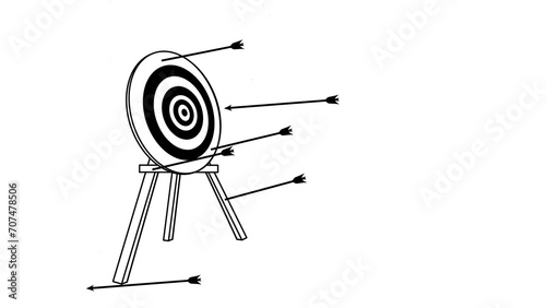 black and white illustration of arrows that stuck inaccurate on circle archery face target with three wooden legs. Isolated on white background photo