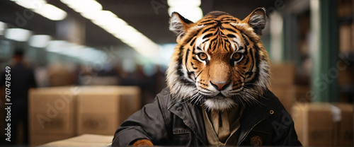 Employee Tiger, their back presented in a half-turn, wearing uniform in an factory, engrossed in the process of deciphering intricate of packing. Employ a wide-angle lens and dynamic lighting photo