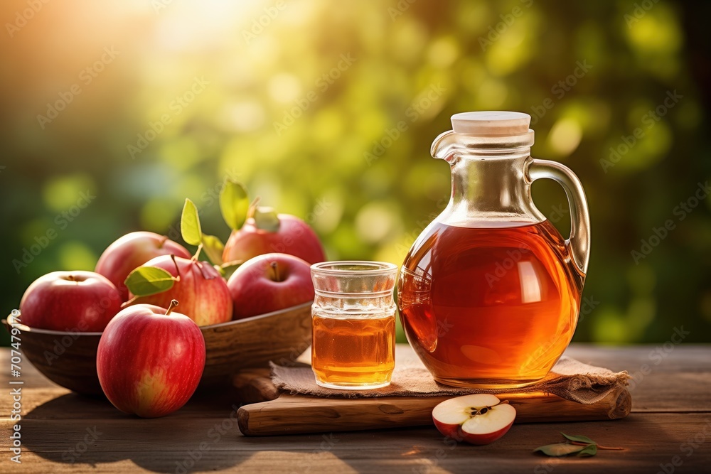 fresh apples and apple juice in a glass pitcher 