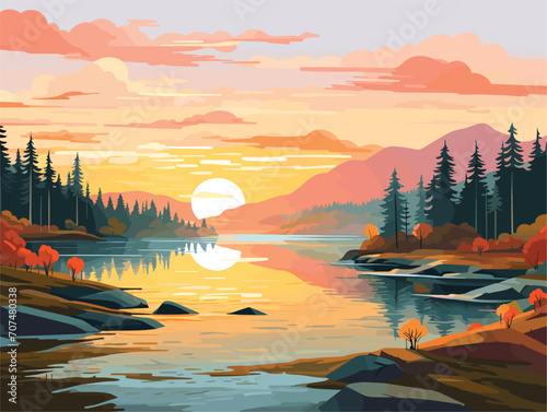 sunset in the mountains and river 