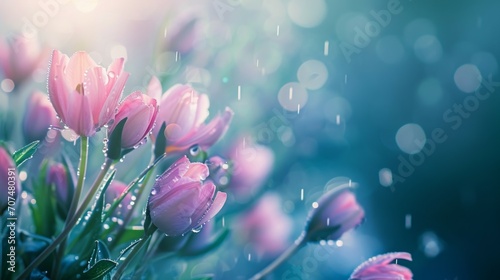 Spring Awakening: Close-up view of fresh blooming flowers, with dewdrops or soft morning light, use a shallow depth of field to create a dreamy and minimalistic atmosphere.