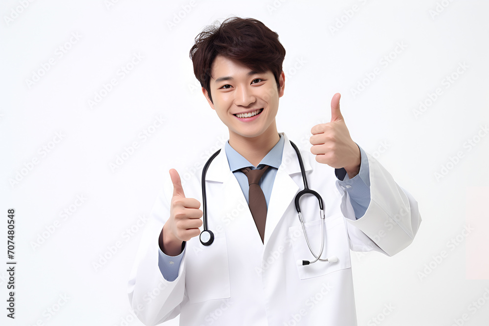 Portrait of Asian male doctor showing thumbs up isolated on white background
Portrait of Asian male doctor showing thumbs up isolated on white background