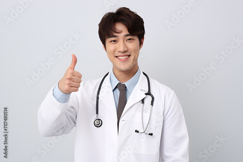 Portrait of Asian male doctor showing thumbs up isolated on white background 