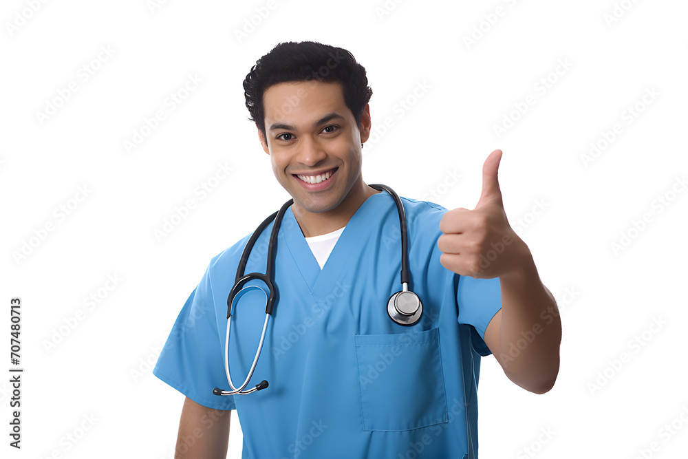 Young male nurse showing thumbs up isolated on white background, asian Young male nurse showing thumbs up isolated on white background, asian