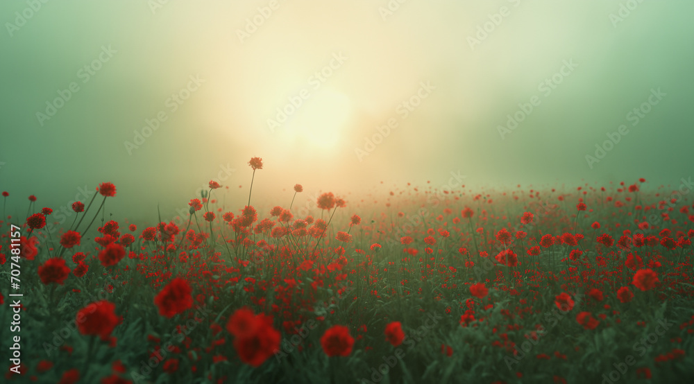 red roses in a foggy field