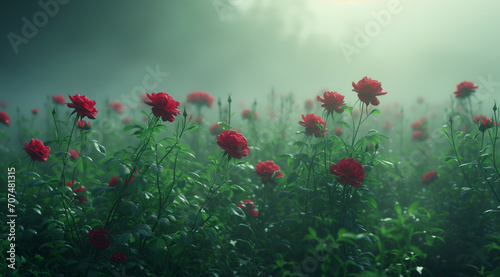 red roses in a foggy field