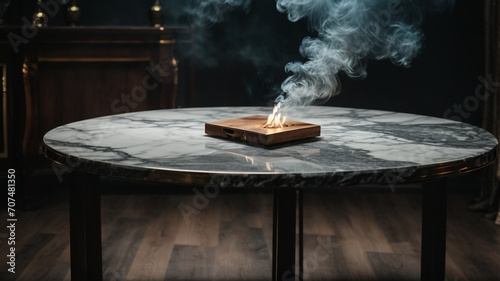 Colorful smoke from incense sticks on empty black stone table with black background. High quality photo
 photo