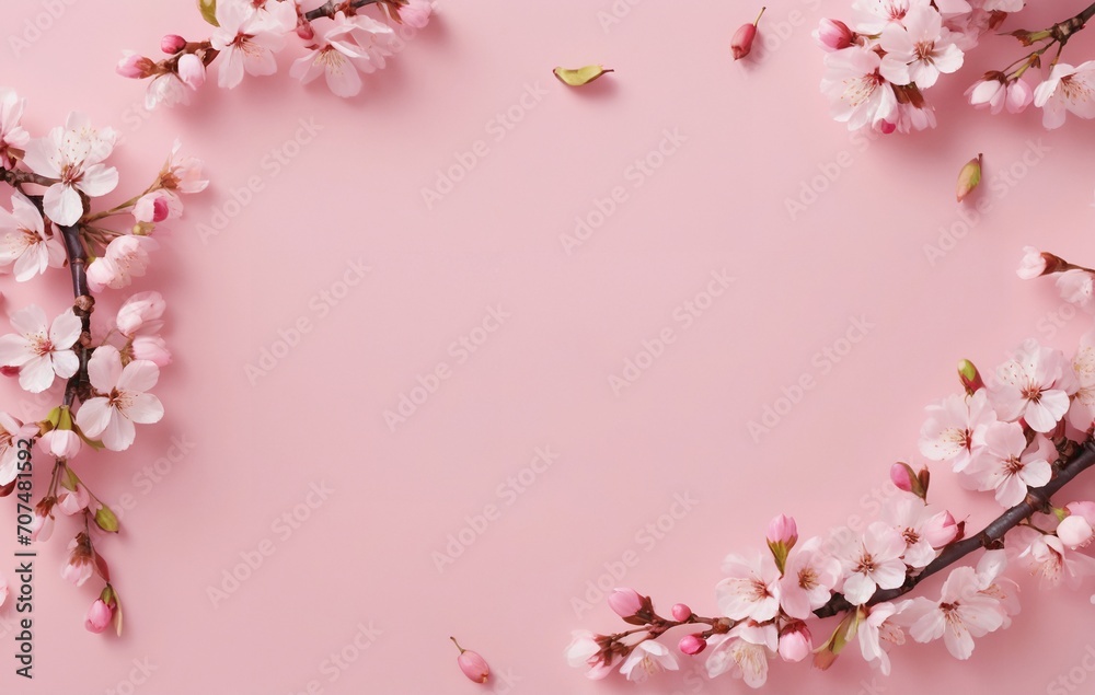 Fototapeta premium Cherry blossoms bloom on a pastel colored background. Pink cherry blossom flowers, dreamy and romantic image of spring, copy space. Planar arrangement.