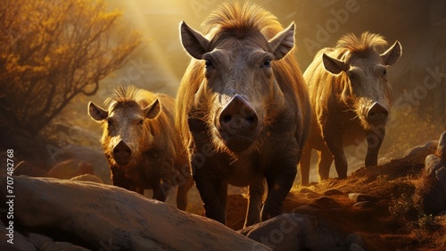 Family of warthogs foraging in a sun-dappled glade, their tusks gleaming in the light  -Generative Ai
 photo