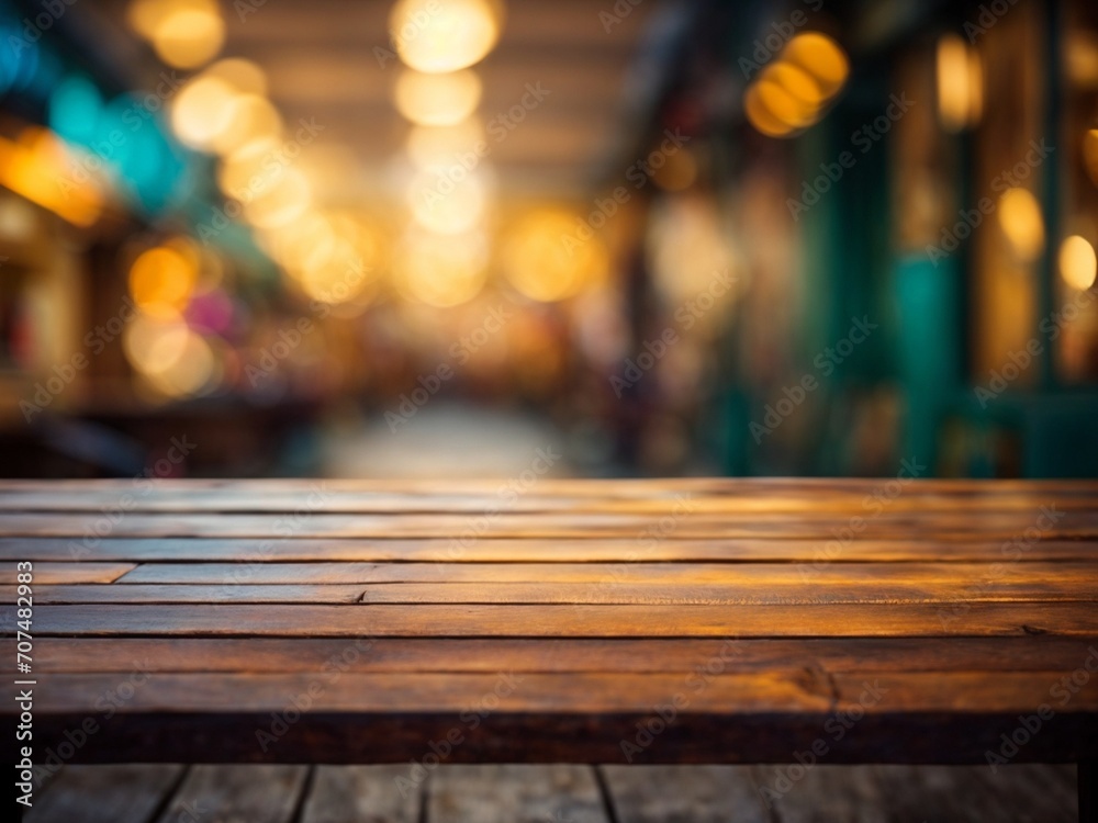 Wallpaper background with bokeh lightings and empty wooden table for product ads display 