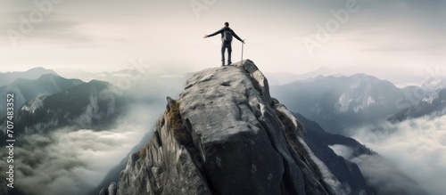 Overcoming the Challenge: Man Ready to Conquer Mountain and Achieve Success through Ambitious Aspirations and Risky Endeavors photo