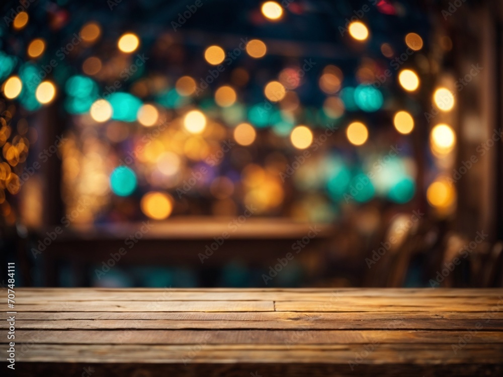 Wallpaper background with bokeh lightings and empty wooden table for product ads display Wallpaper background with bokeh lightings and empty wooden table for product ads display