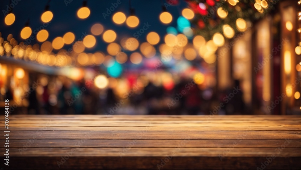 Wallpaper background with bokeh lightings and empty wooden table for product ads display Wallpaper background with bokeh lightings and empty wooden table for product ads display