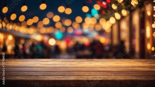 Wallpaper background with bokeh lightings and empty wooden table for product ads display 