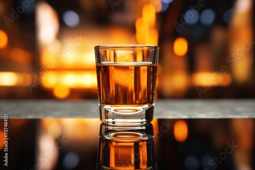 Shooter in shot glass on mirror surface against blurred background